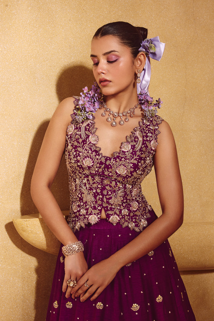 Gulnaar Deep Purple Rawsilk Lotus Bird Lehanga Set With Intricated Hand Embroidery