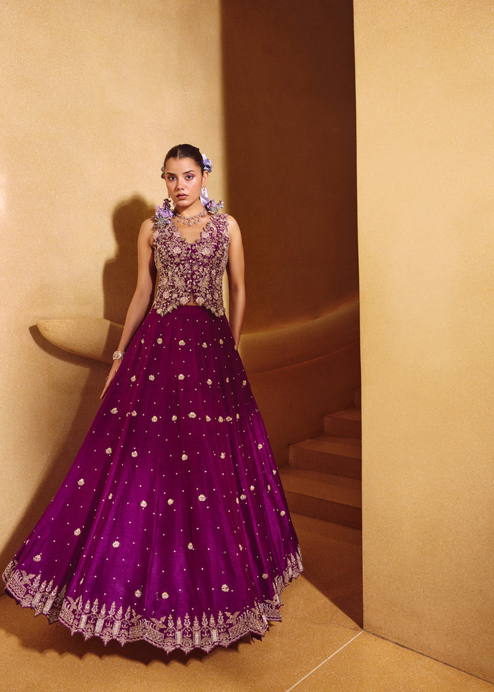 Gulnaar Deep Purple Rawsilk Lotus Bird Lehanga Set With Intricated Hand Embroidery