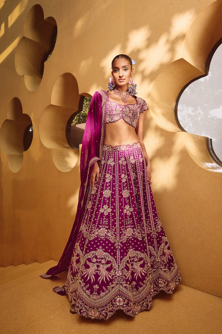 Gulnaar Deep Purple Rawsilk Heavy Lehanga Set With Intricated Hand Embroidery