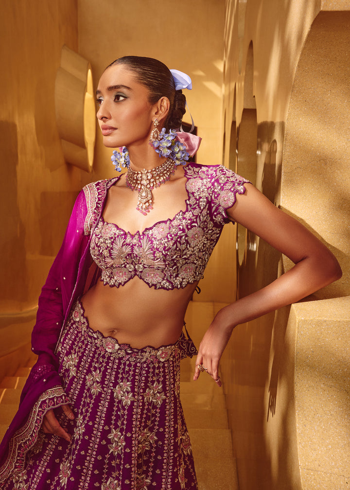 Gulnaar Deep Purple Rawsilk Heavy Lehanga Set With Intricated Hand Embroidery