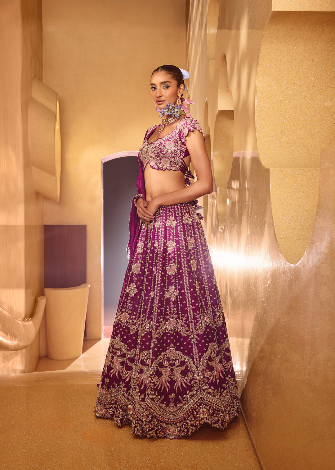 Gulnaar Deep Purple Rawsilk Heavy Lehanga Set With Intricated Hand Embroidery