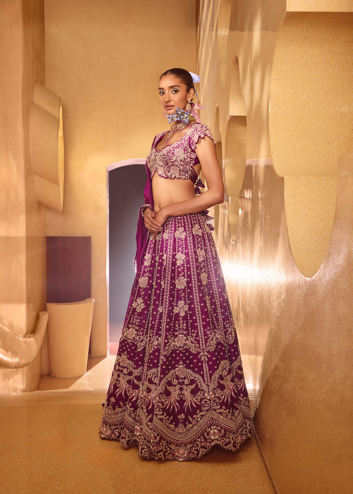 Gulnaar Deep Purple Rawsilk Heavy Lehanga Set With Intricated Hand Embroidery