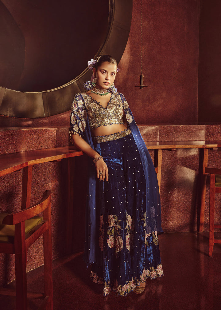 Nevara Velvet Royal Blue Pant Set With Cape