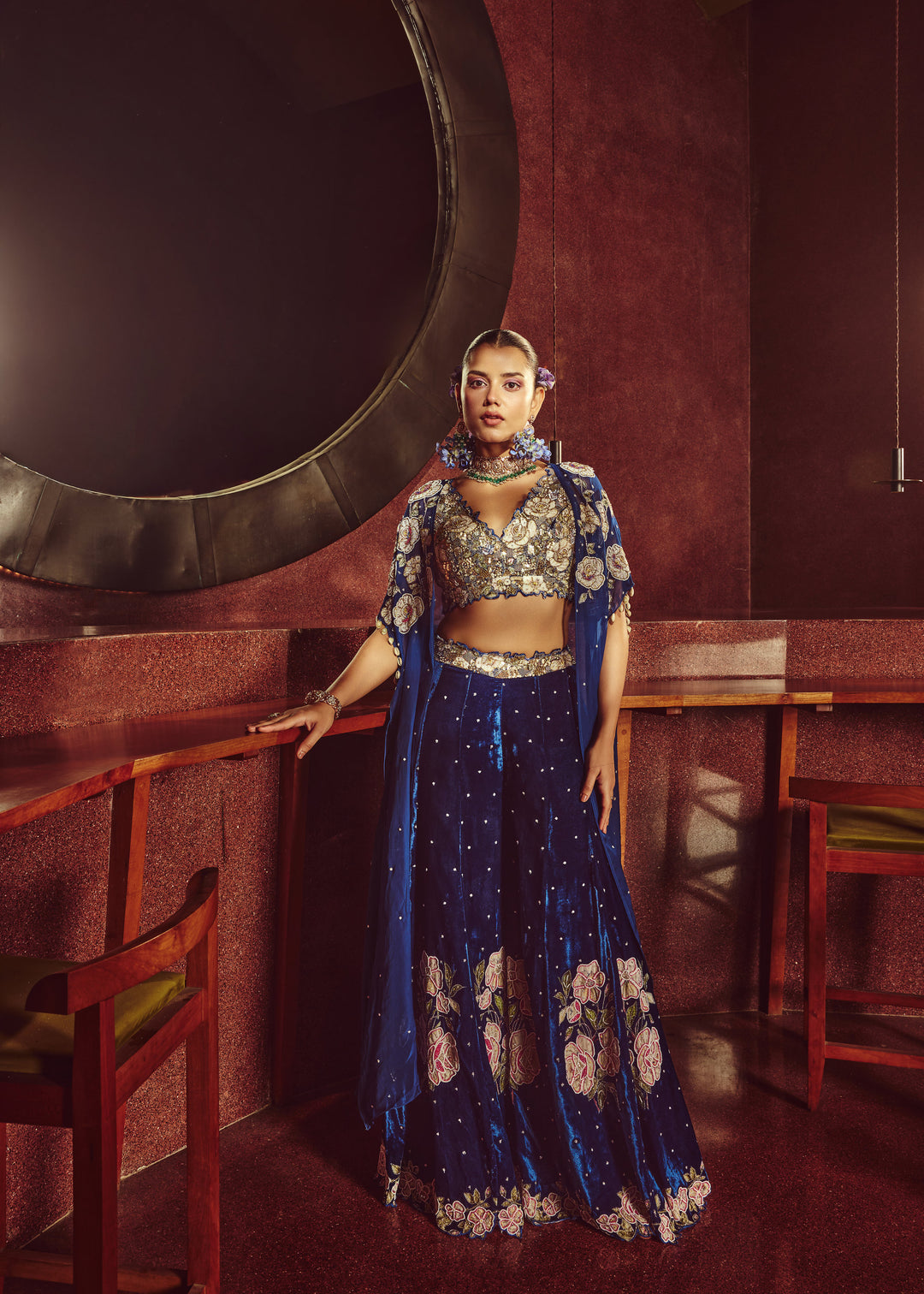 Nevara Velvet Royal Blue Pant Set With Cape