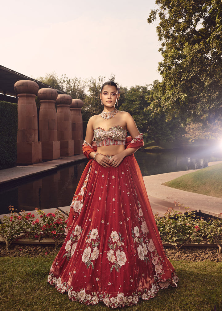 Nevara Velvet Rust Orange Heavy Corcet Bustier Lehenga Set