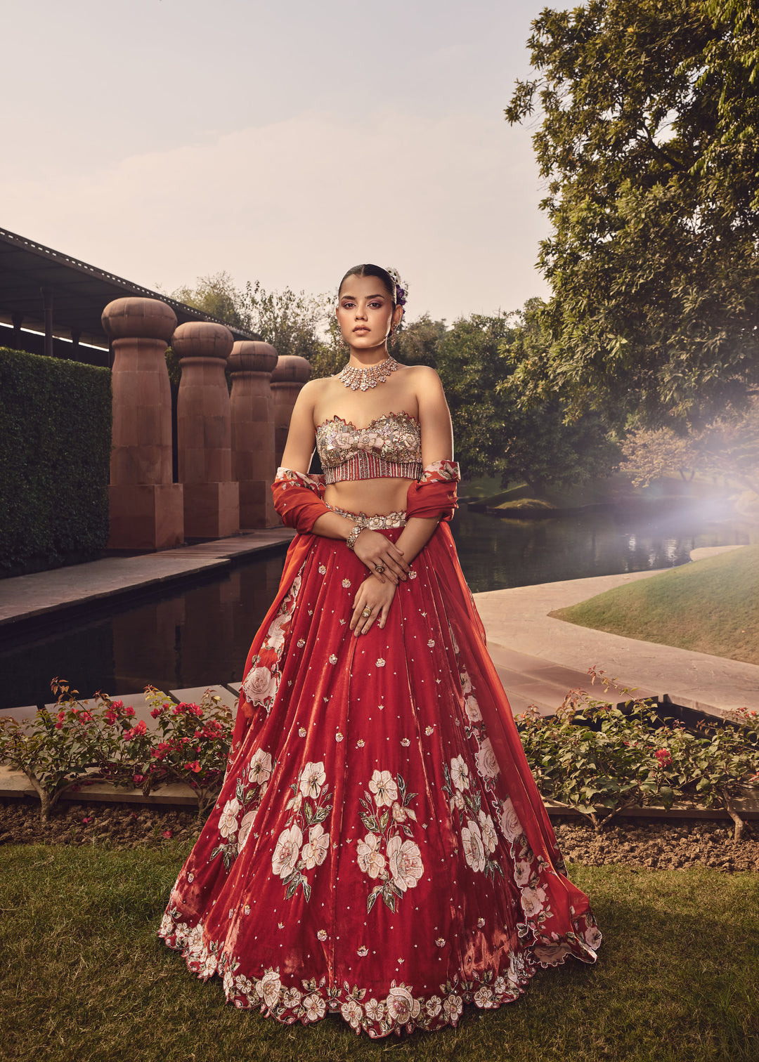 Nevara Velvet Rust Orange Heavy Corcet Bustier Lehenga Set