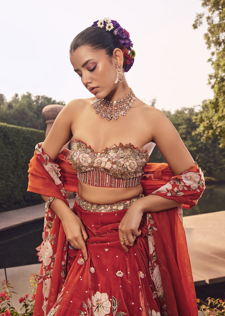 Nevara Velvet Rust Orange Heavy Corcet Bustier Lehenga Set