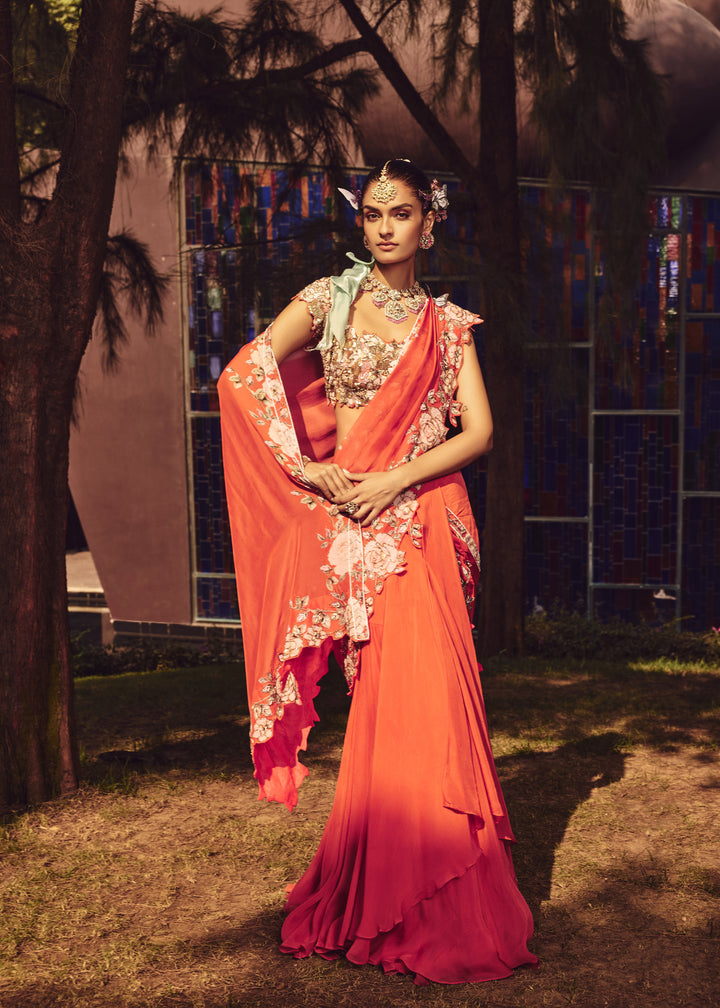 Nevara Rust Orange Drape Saree With Intricated Hand Embroidery