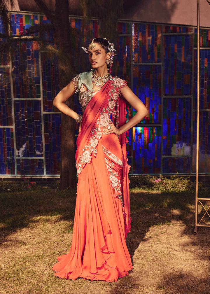 Nevara Rust Orange Drape Saree With Intricated Hand Embroidery