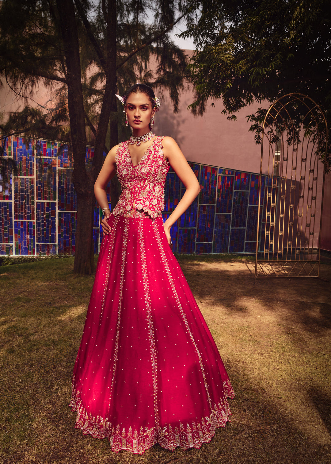 Gulnaar Red Rawsilk Lotus Bird Lehanga Set With Intricated Hand Embroidery