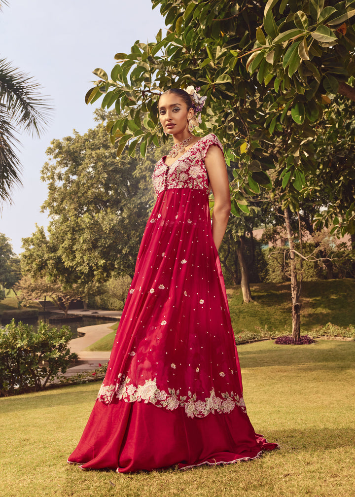 Gulnaar Maroon Overlay Set  With Intricated Hand Embroidery