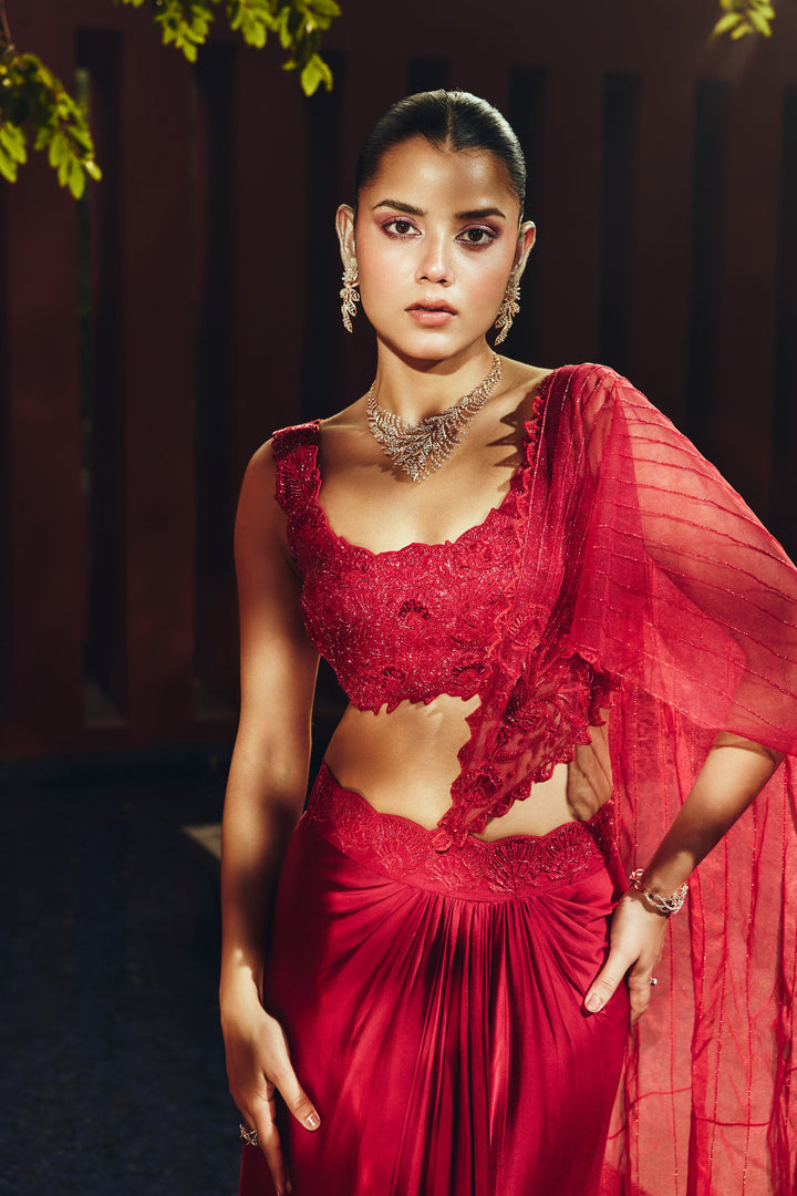 Kumuda Red Draped Skirt With Intricated Hand Embroidery