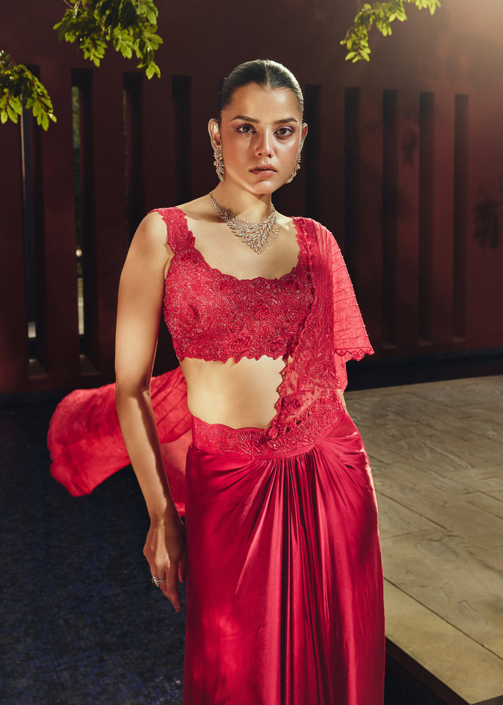 Kumuda Red Draped Skirt With Intricated Hand Embroidery