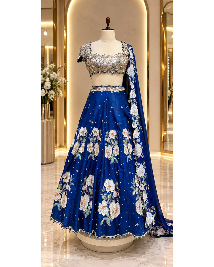 Nevara Blue Metallic Bustier Lehenga Set
