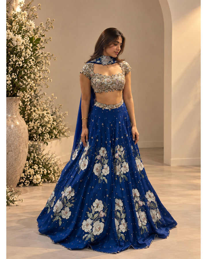 Nevara Blue Metallic Bustier Lehenga Set