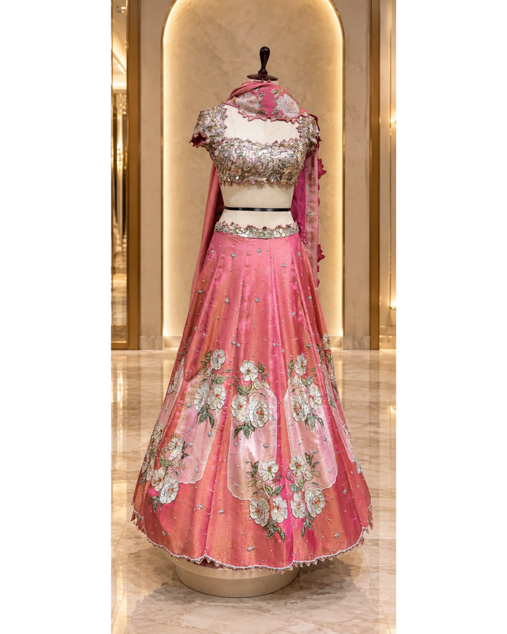 Nevara Tissue Blush Pink Metallic Bustier Kali Lehenga Set