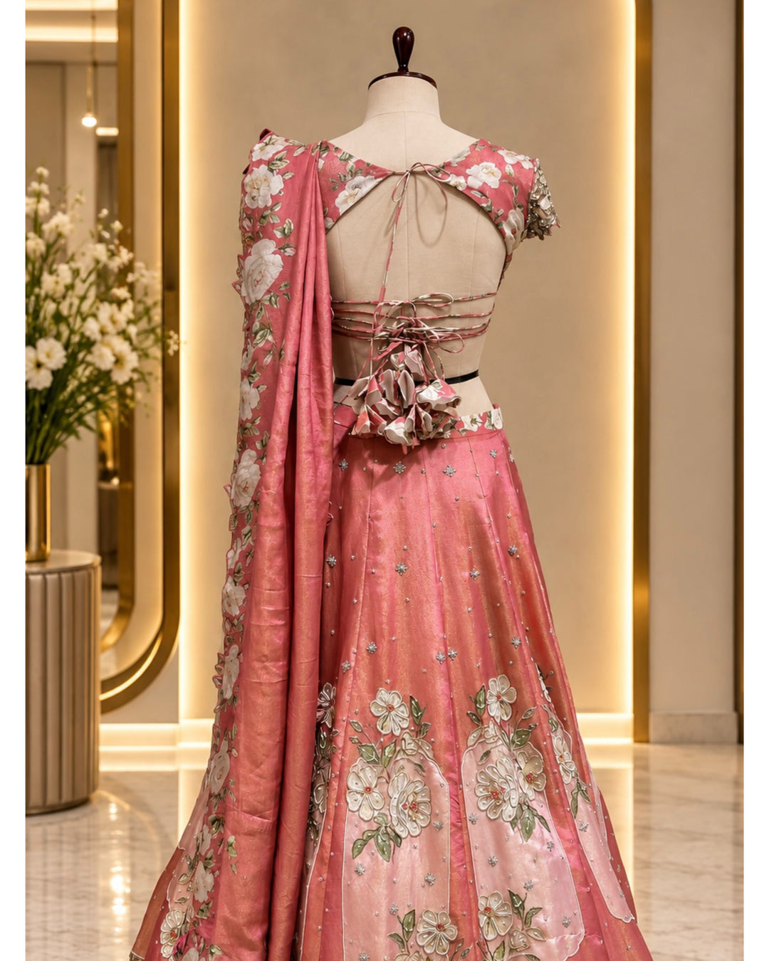 Nevara Tissue Blush Pink Metallic Bustier Kali Lehenga Set