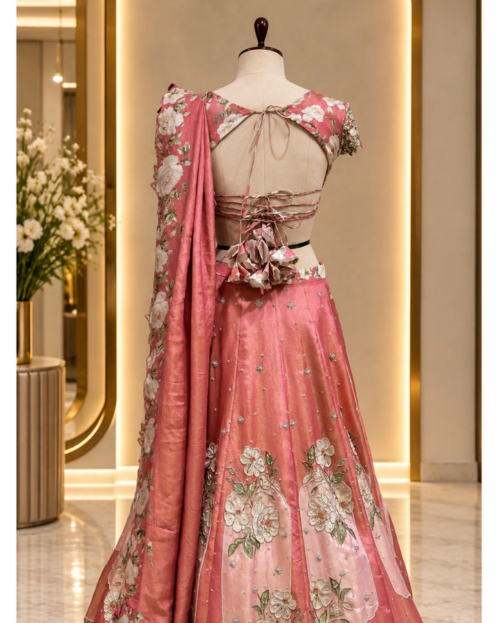 Nevara Tissue Blush Pink Metallic Bustier Kali Lehenga Set