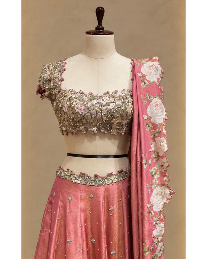 Nevara Tissue Blush Pink Metallic Bustier Kali Lehenga Set