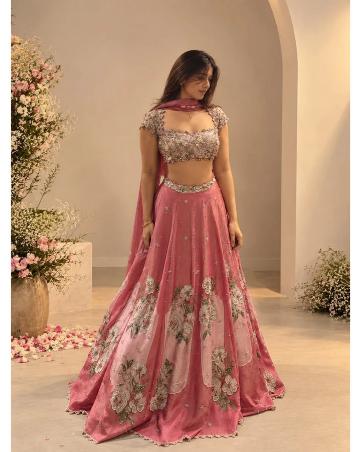 Nevara Tissue Blush Pink Metallic Bustier Kali Lehenga Set