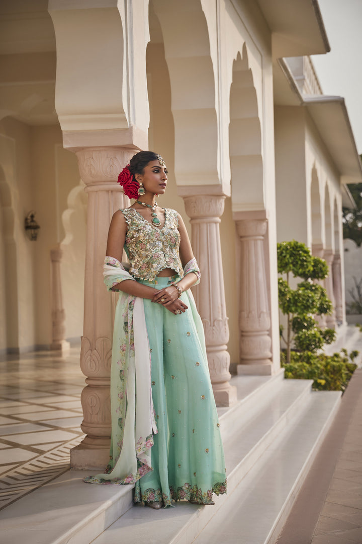 Neeraja Metallic Sea Green Pant Set