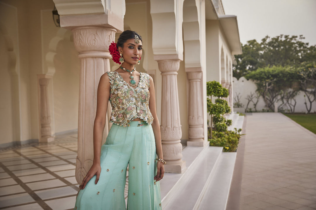 Neeraja Metallic Sea Green Pant Set