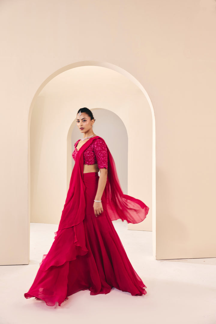 Vasudha Pink Pre Drape Saree Set