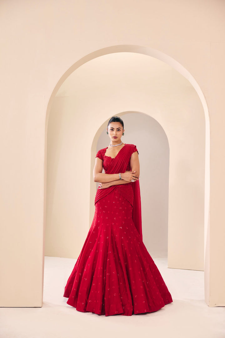 Vasudha Red Fish Cut Lehenga