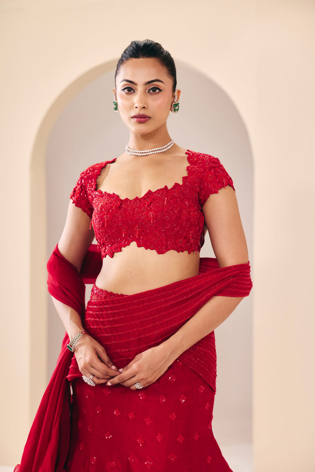 Vasudha Red Fish Cut Lehenga