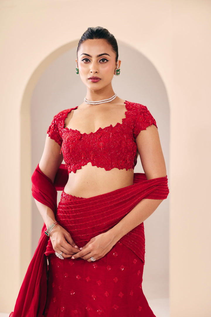 Vasudha Red Fish Cut Lehenga