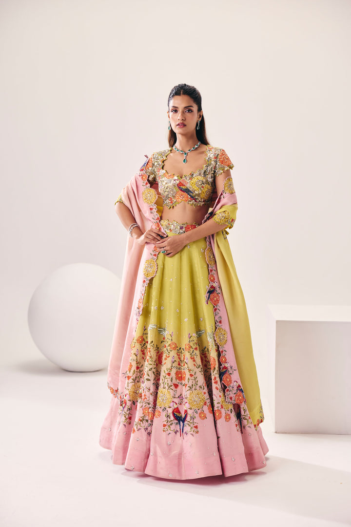 Parijat Lime Green Pink Lehenga Set