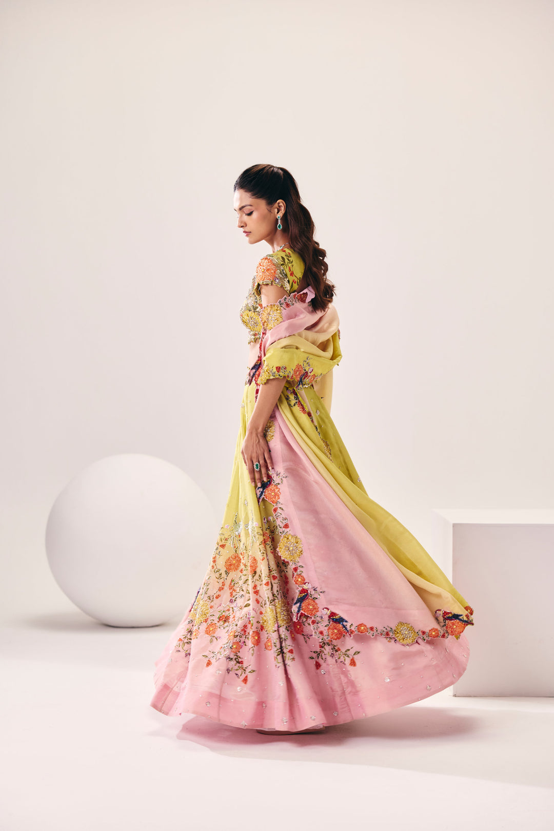 Parijat Lime Green Pink Lehenga Set