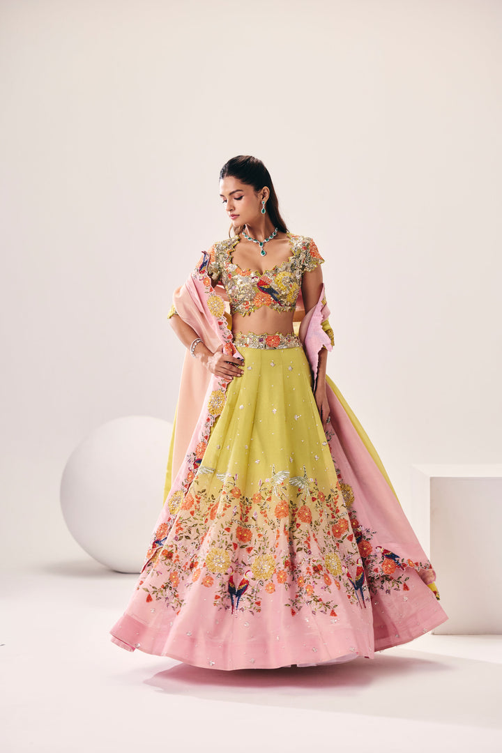 Parijat Lime Green Pink Lehenga Set