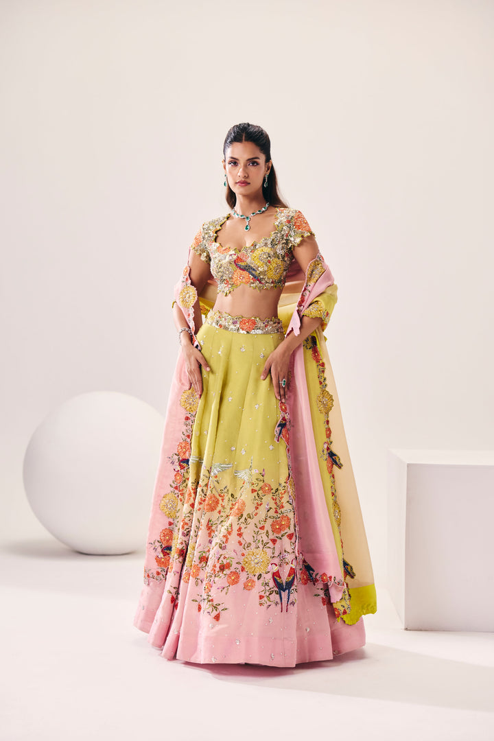 Parijat Lime Green Pink Lehenga Set
