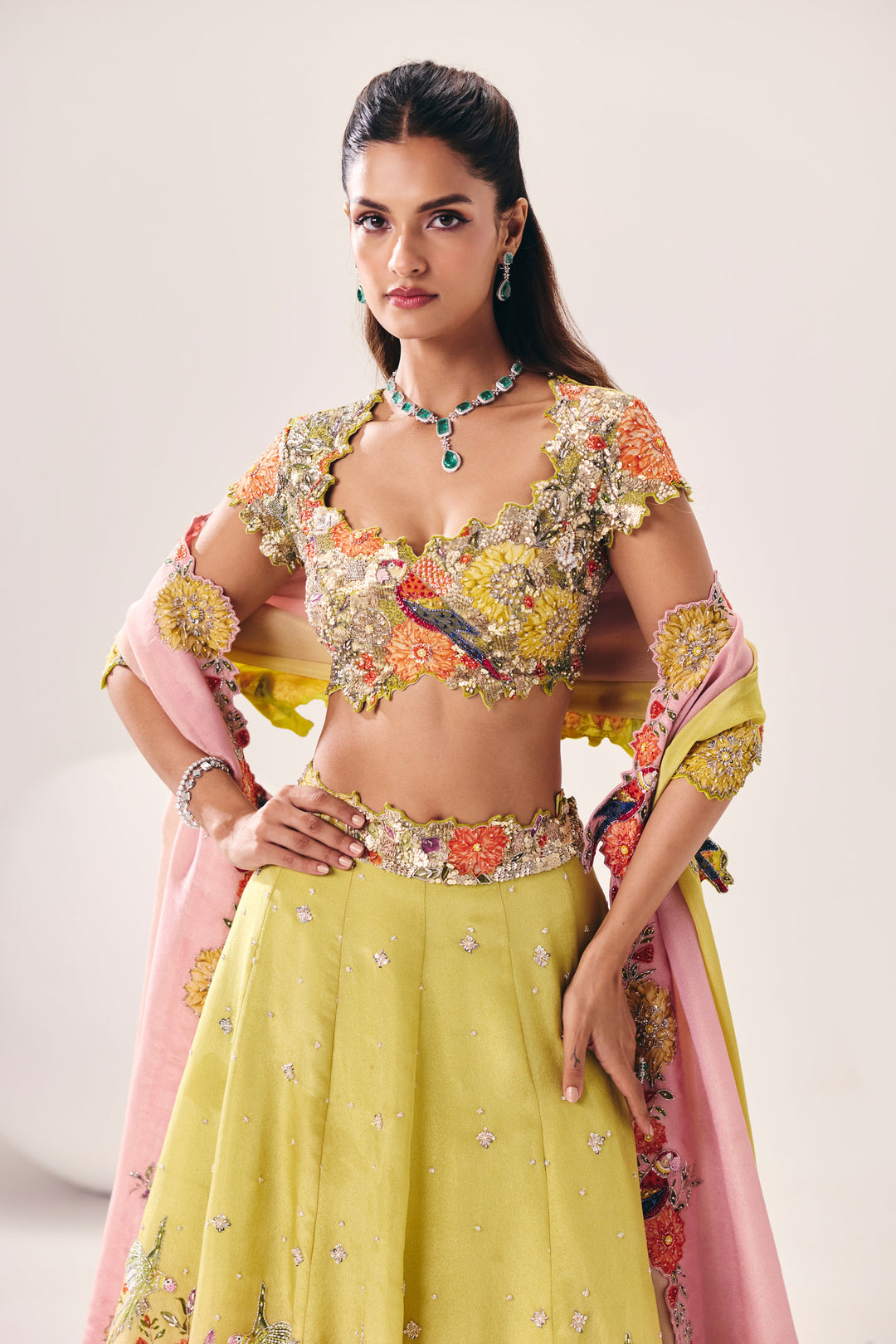 Parijat Lime Green Pink Lehenga Set
