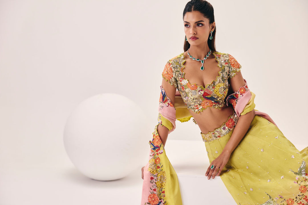 Parijat Lime Green Pink Lehenga Set