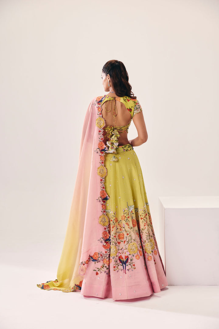 Parijat Lime Green Pink Lehenga Set