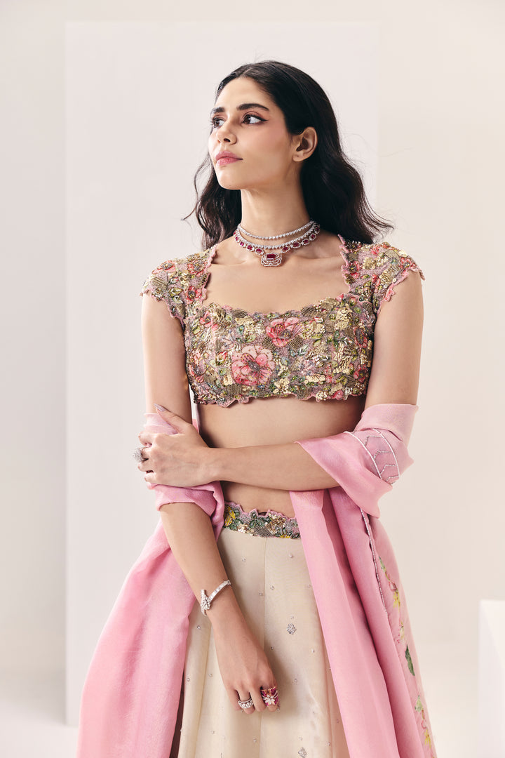 Abroo White And Pink Lehenga Set