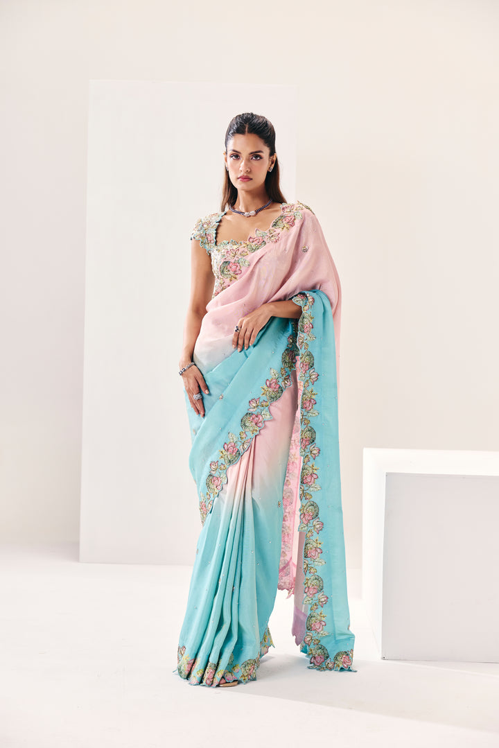 Mehrunsia Ice Blue Pink Saree Set