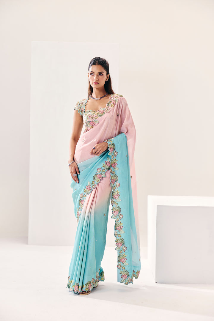 Mehrunsia Ice Blue Pink Saree Set