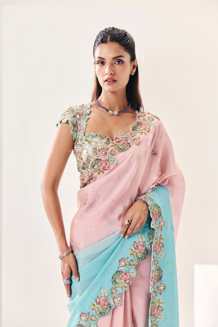 Mehrunsia Ice Blue Pink Saree Set