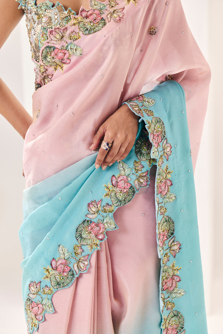 Mehrunsia Ice Blue Pink Saree Set