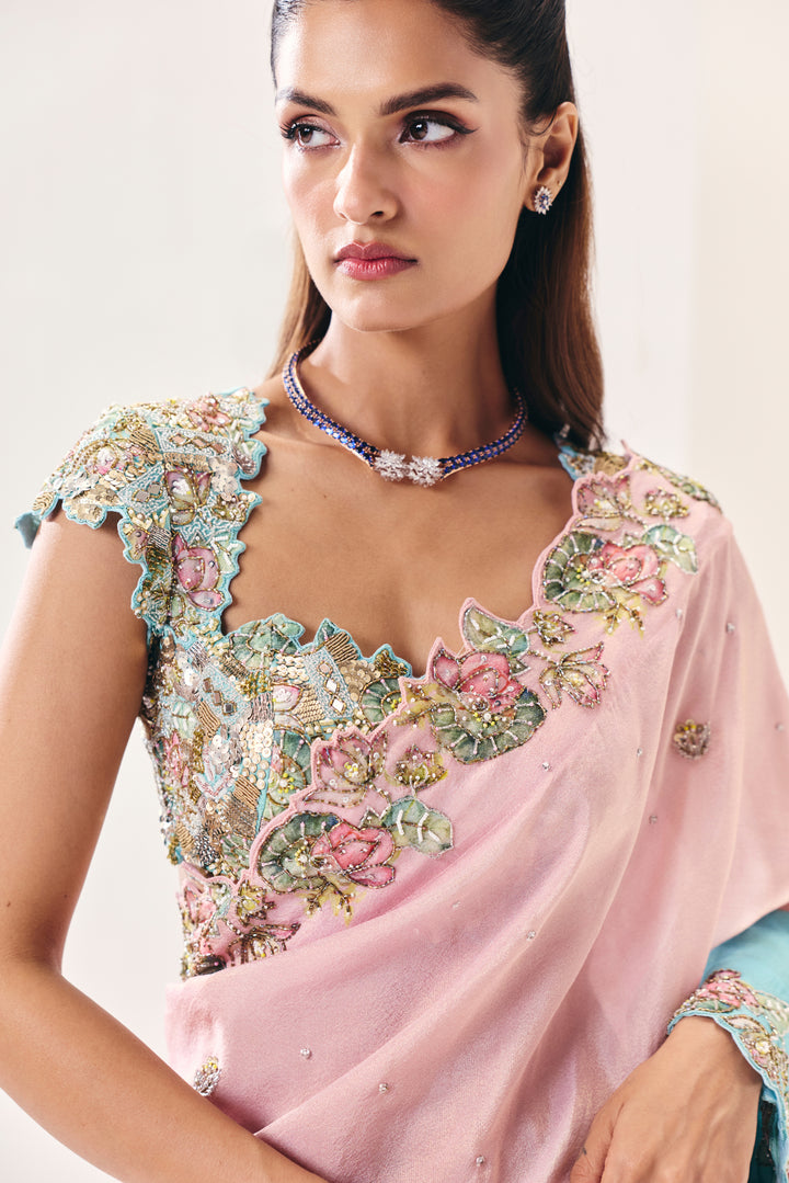 Mehrunsia Ice Blue Pink Saree Set