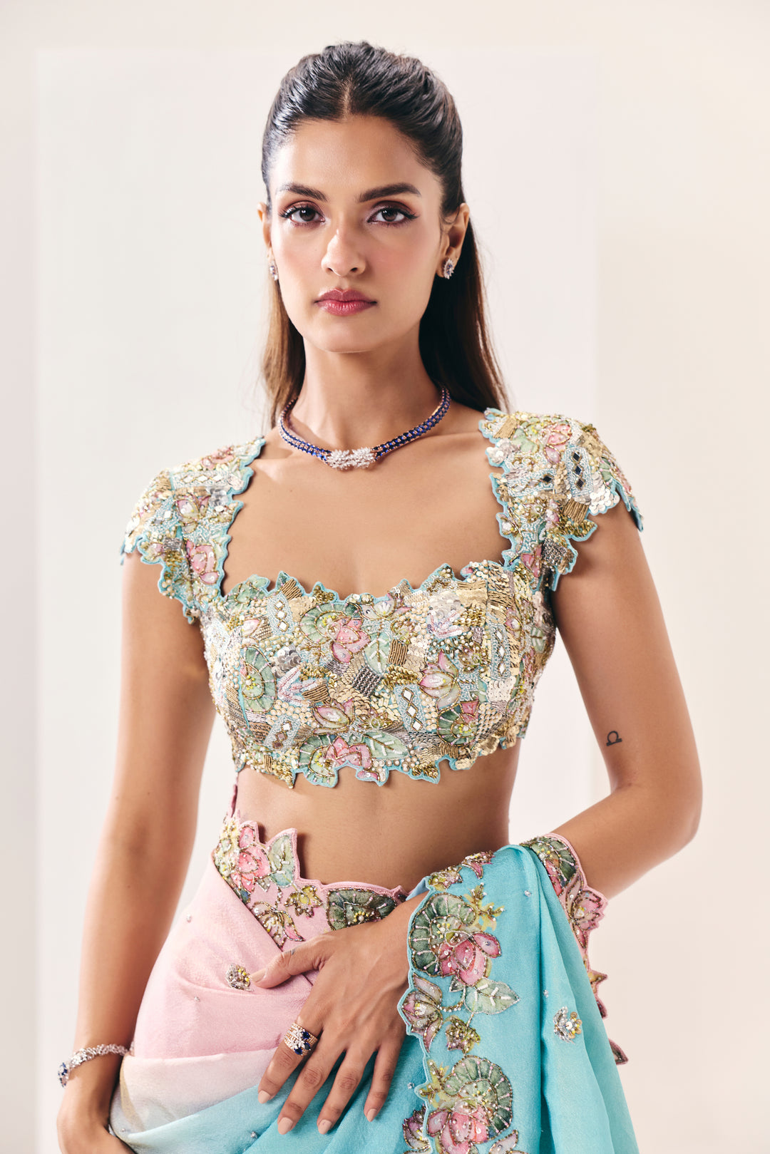 Mehrunsia Ice Blue Pink Saree Set