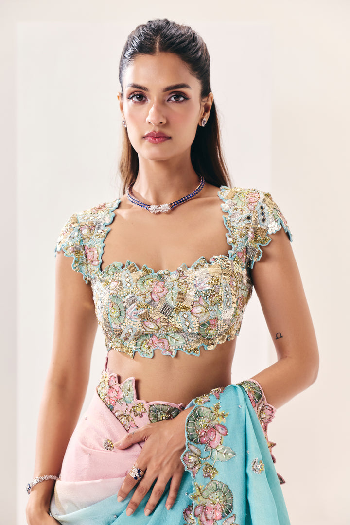 Mehrunsia Ice Blue Pink Saree Set