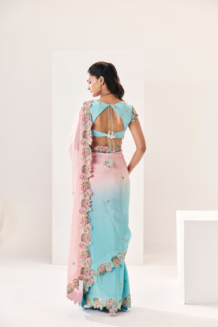 Mehrunsia Ice Blue Pink Saree Set
