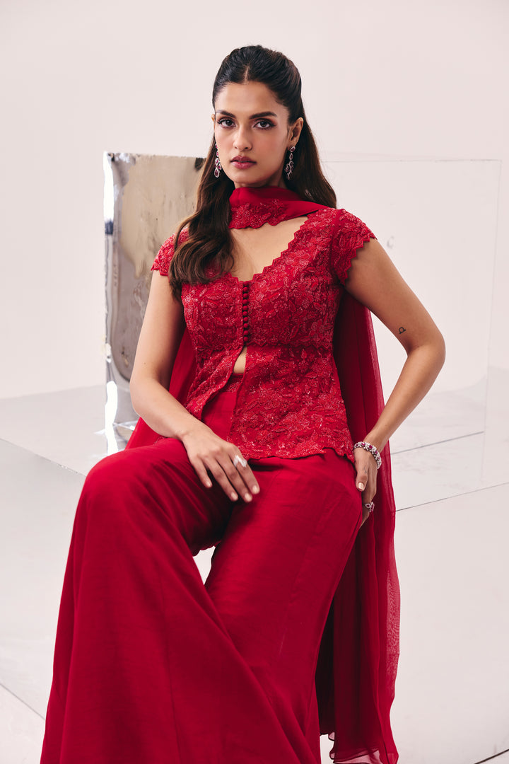 Vasudha Red Peplum Pant Set