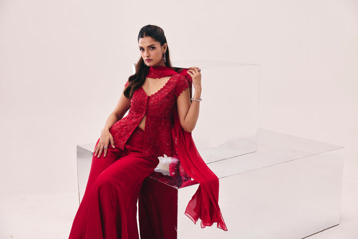 Vasudha Red Peplum Pant Set