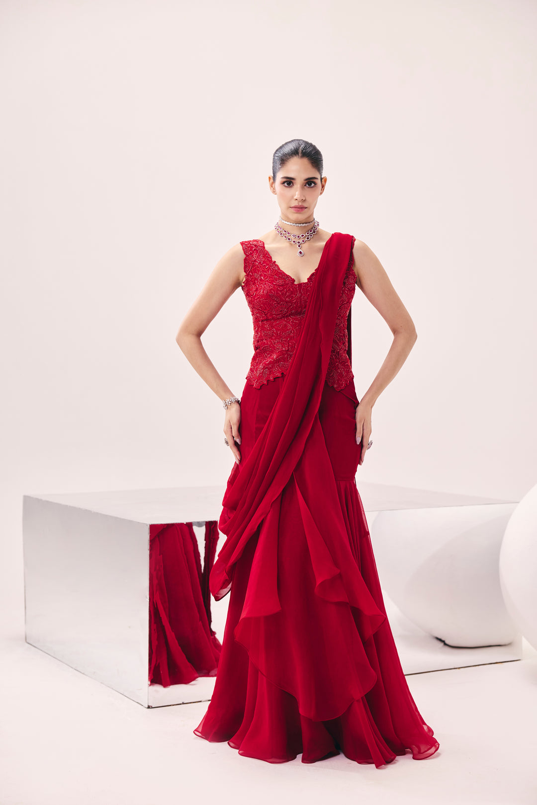 Vasudha Red Pre Drape Saree Set