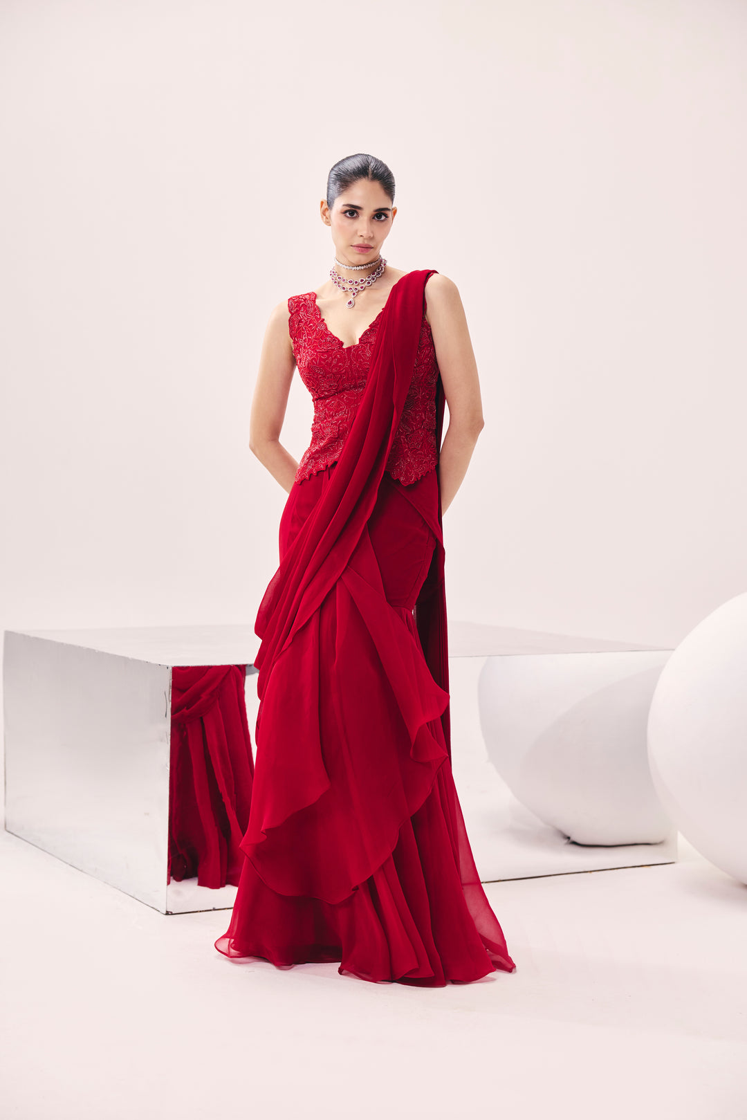 Vasudha Red Pre Drape Saree Set